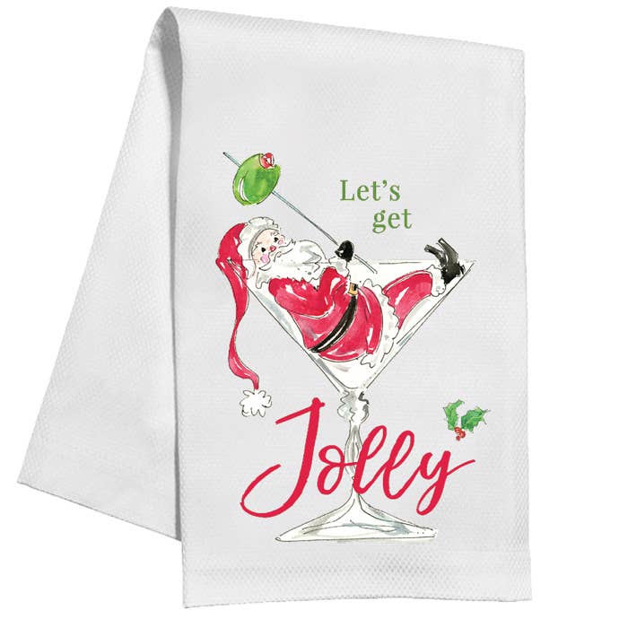 Let's Get Jolly Handpainted Santa Cocktail Kitchen Towel