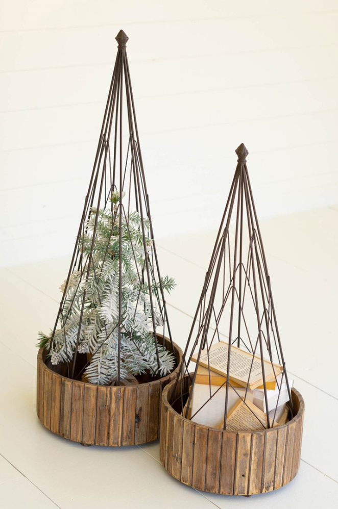 Set of 2 Metal Topiaries with Recycled Wood Bases