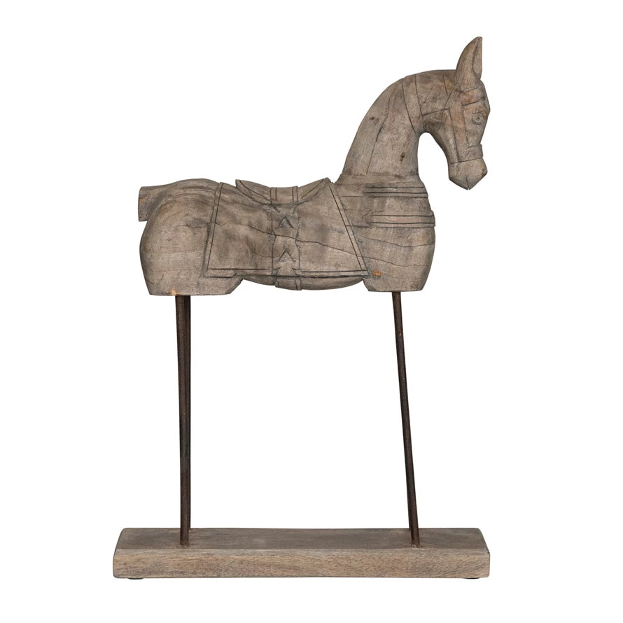 Hand-Carved Mango Wood Horse on Metal Stand