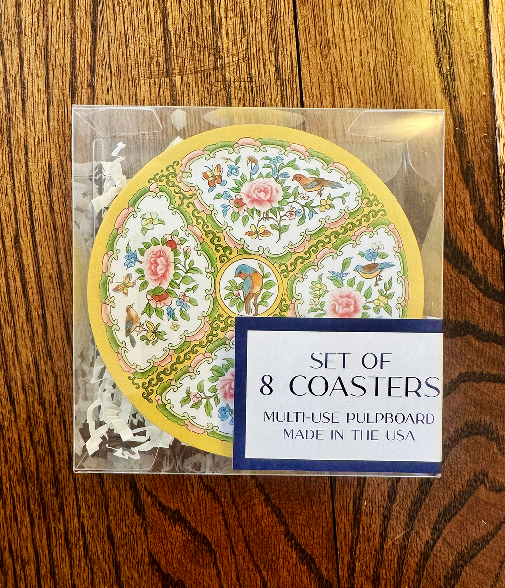Antique Rose Yellow & Pink Birds & Floral Coaster Set