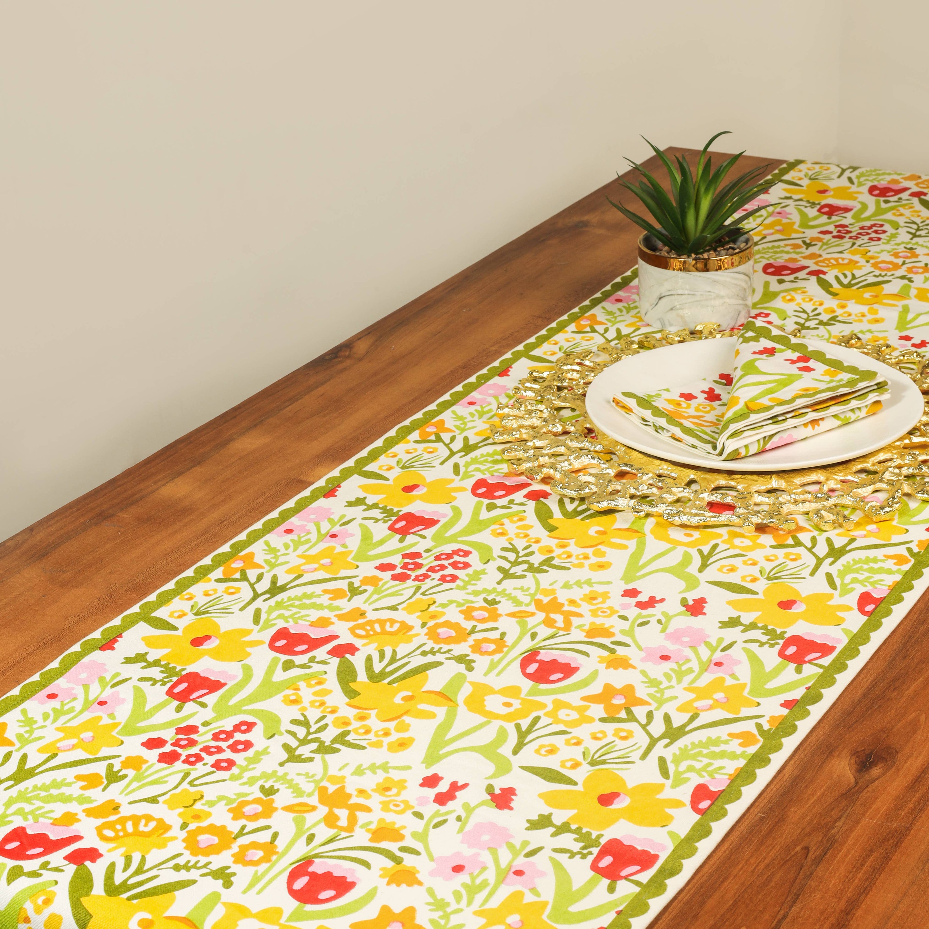 Spring Fling Block Print Cotton Table Runner