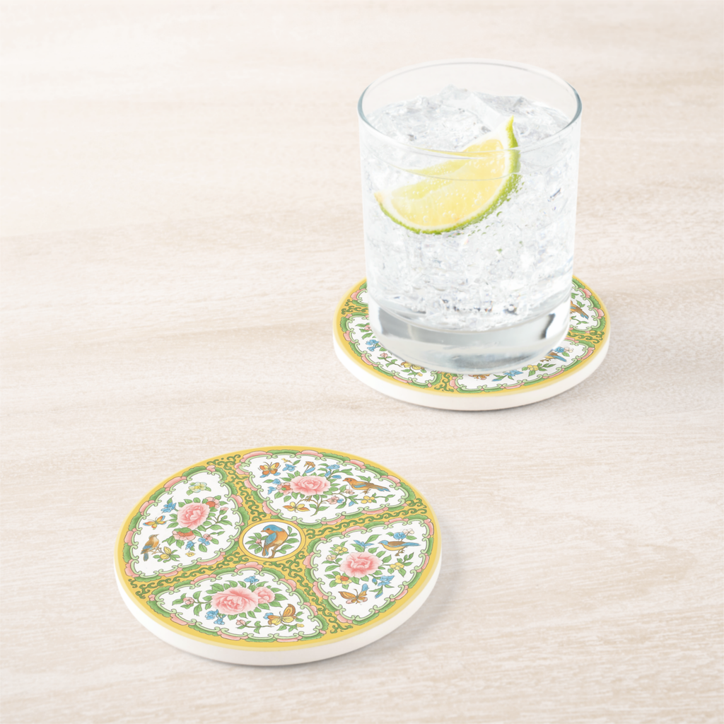 Antique Rose Birds & Floral Sandstone Coaster Set of 2