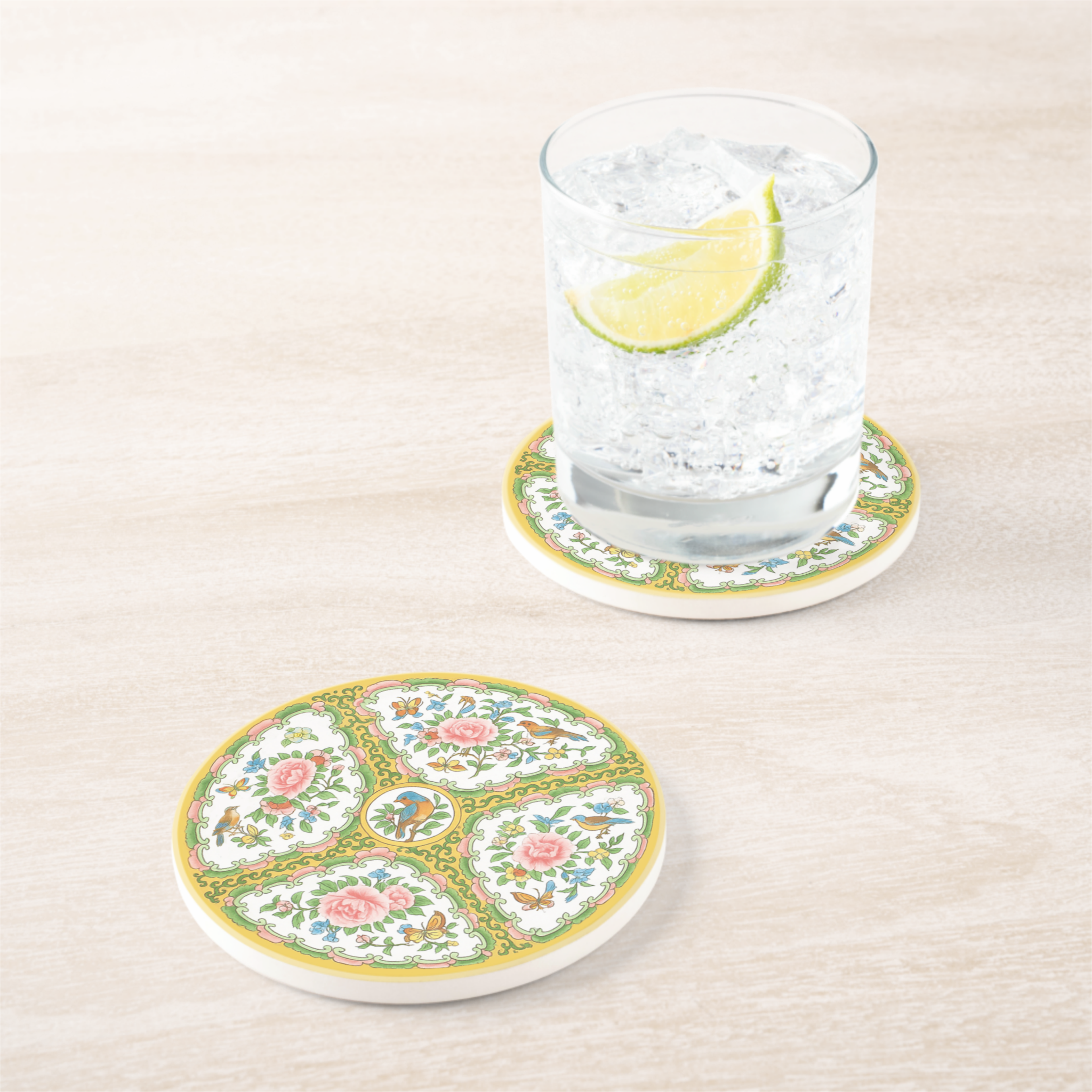 Antique Rose Birds & Floral Sandstone Coaster Set of 2