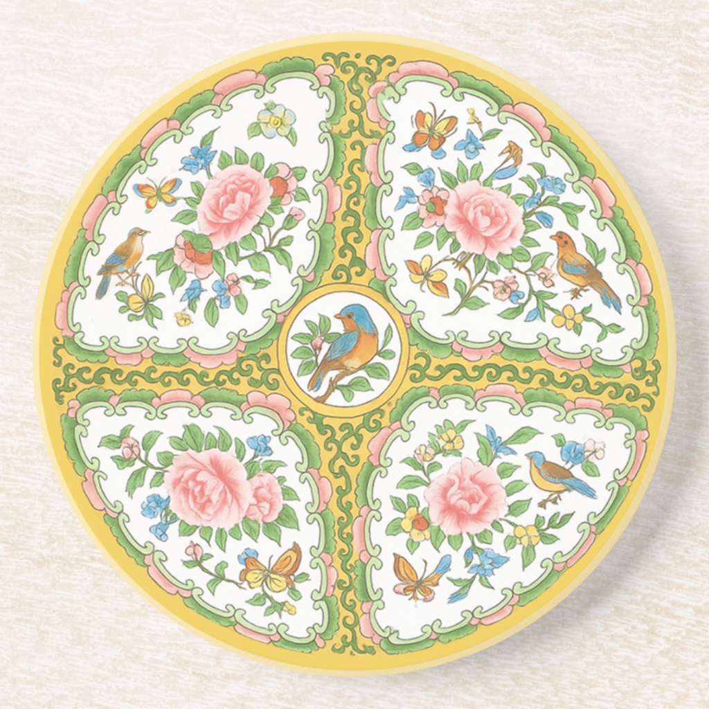 Antique Rose Birds & Floral Sandstone Coaster Set of 2
