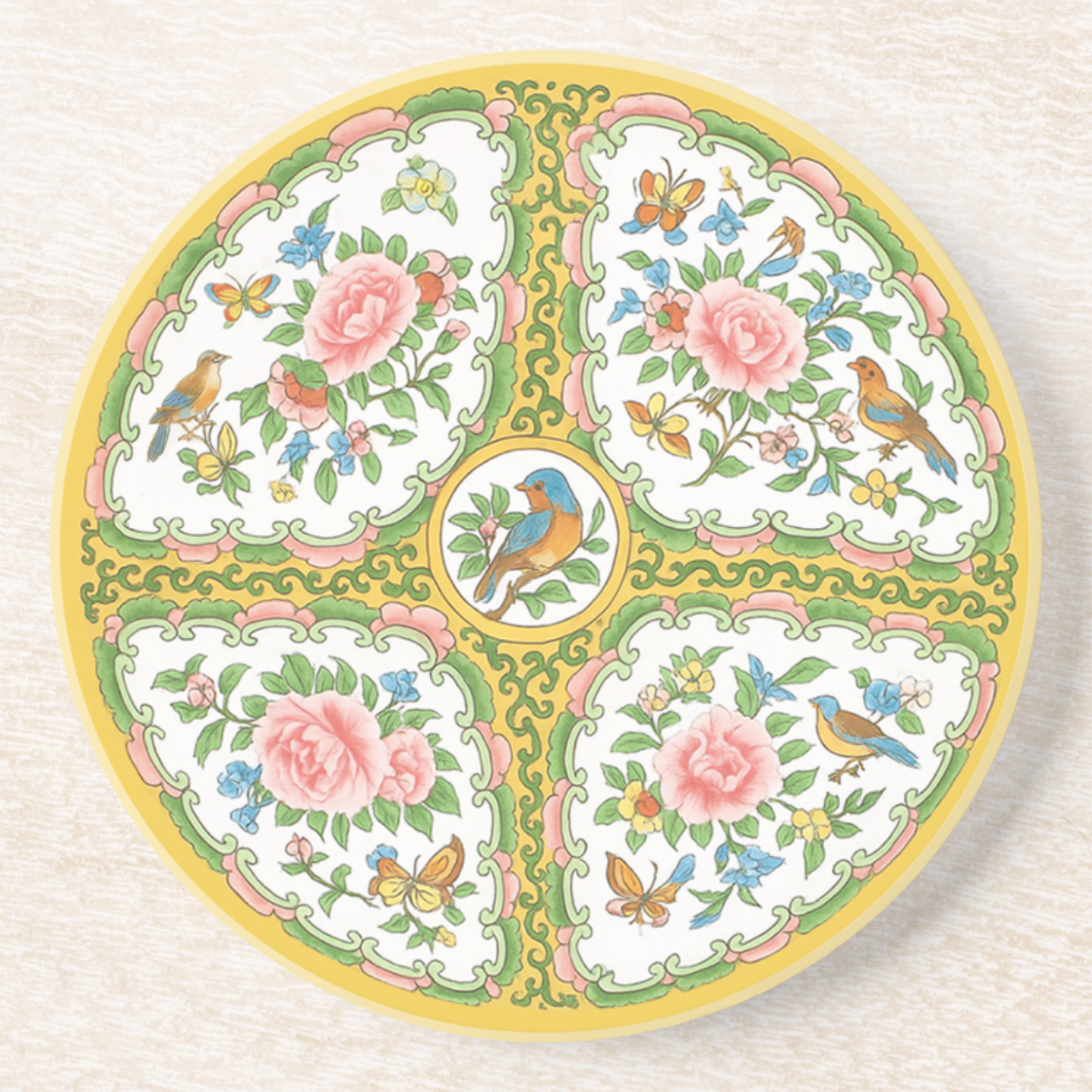 Antique Rose Birds & Floral Sandstone Coaster Set of 2