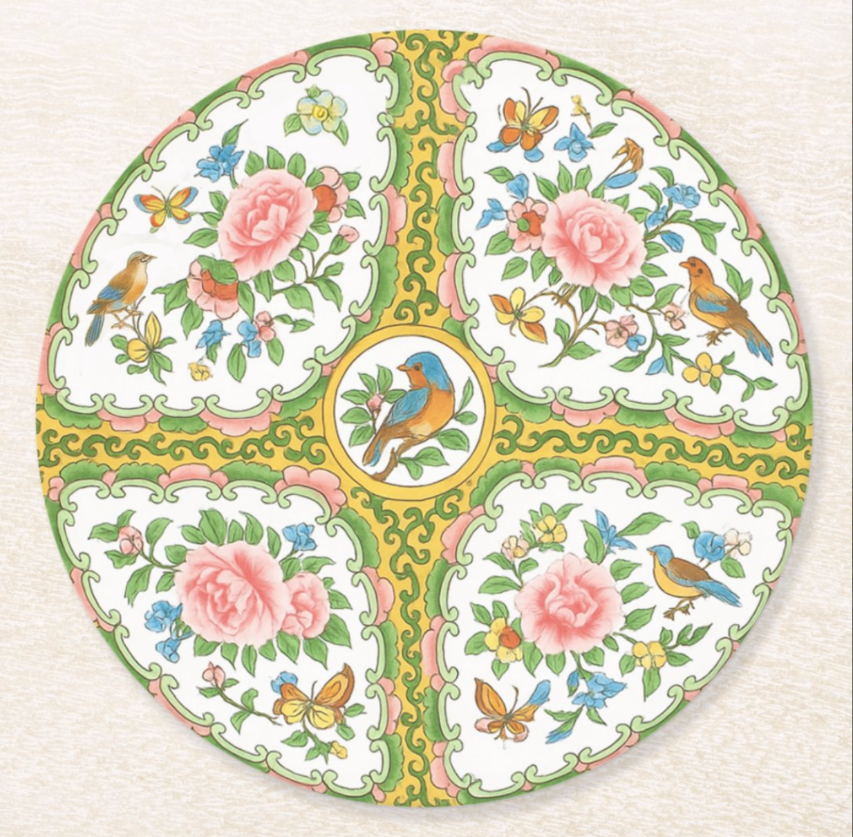 Antique Rose Yellow & Pink Birds & Floral Coaster Set