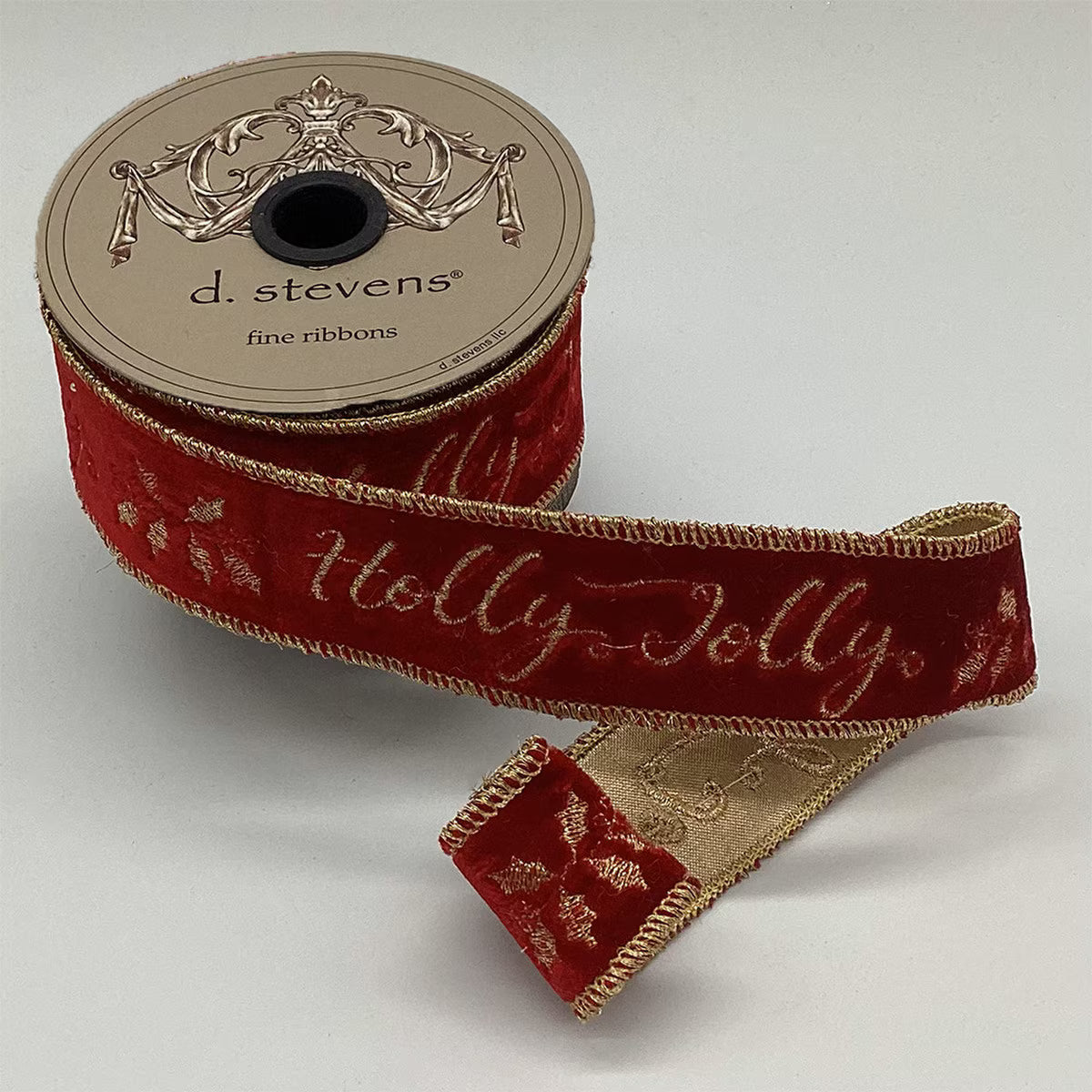 1.5" x 5yds velvet embroidery holly jolly, dark red