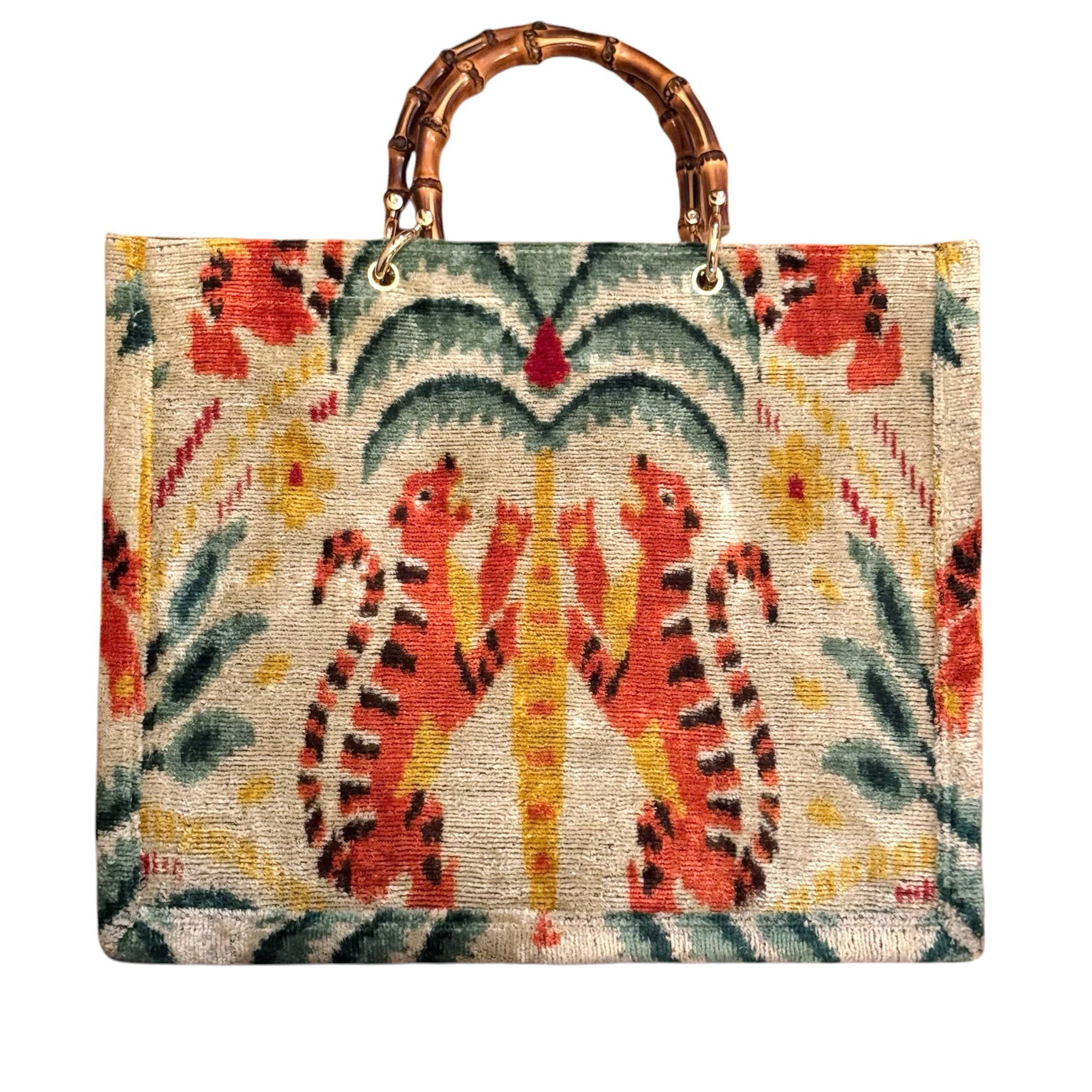 Silk Velvet Ikat Large Tote Bag with Bamboo Handle