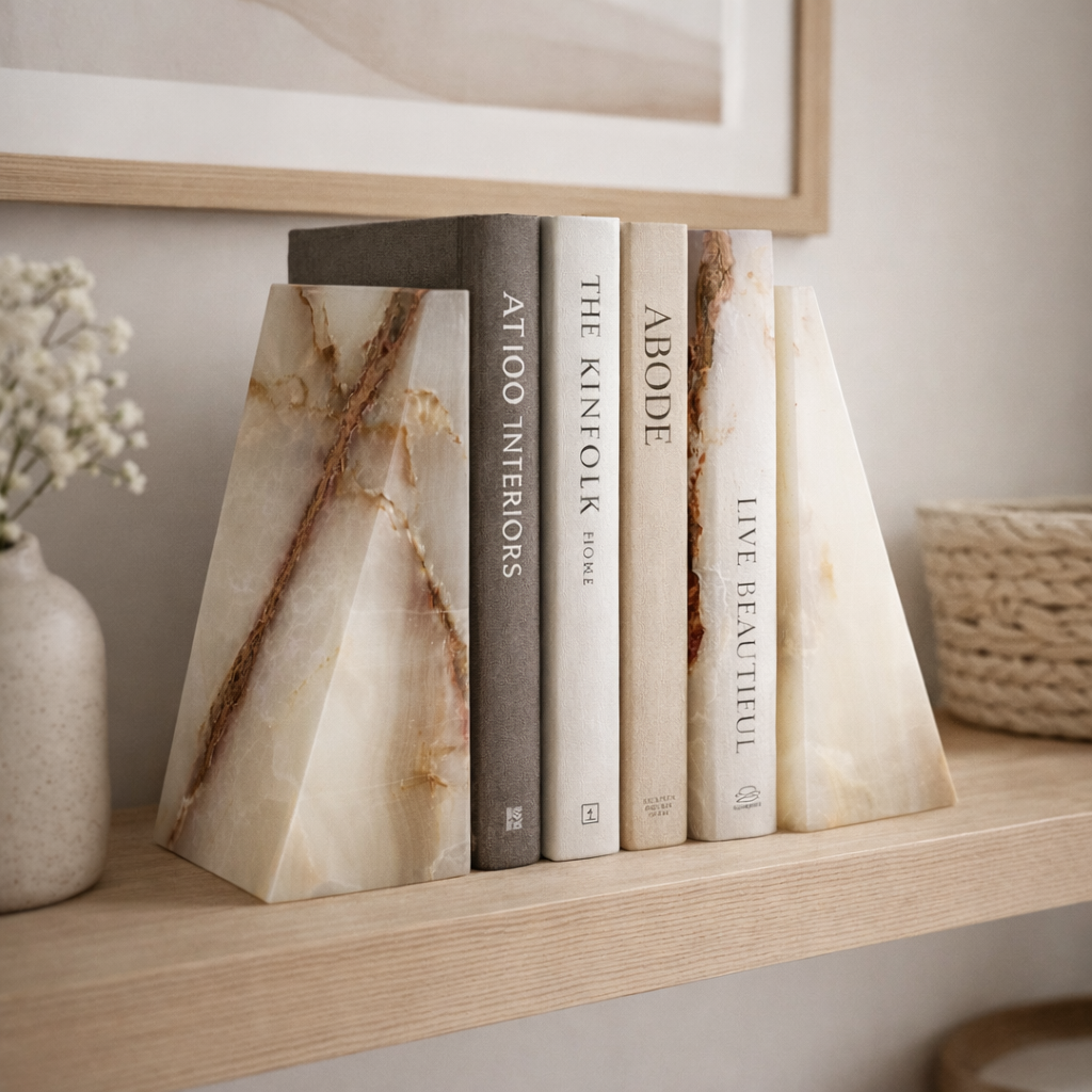 Onyx Marble Wedge Bookend Solid Stone Pair Decor
