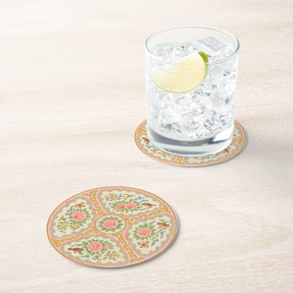 Antique Rose Medallion Pink & Gold Floral Coaster Set