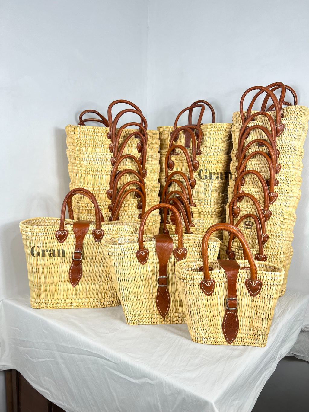 Natural Reed Baskets with leather, Set of 3