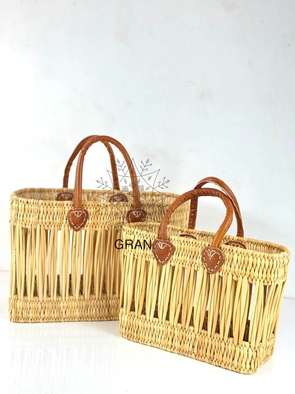 Handwoven Open Reed Basket with Leather Handles