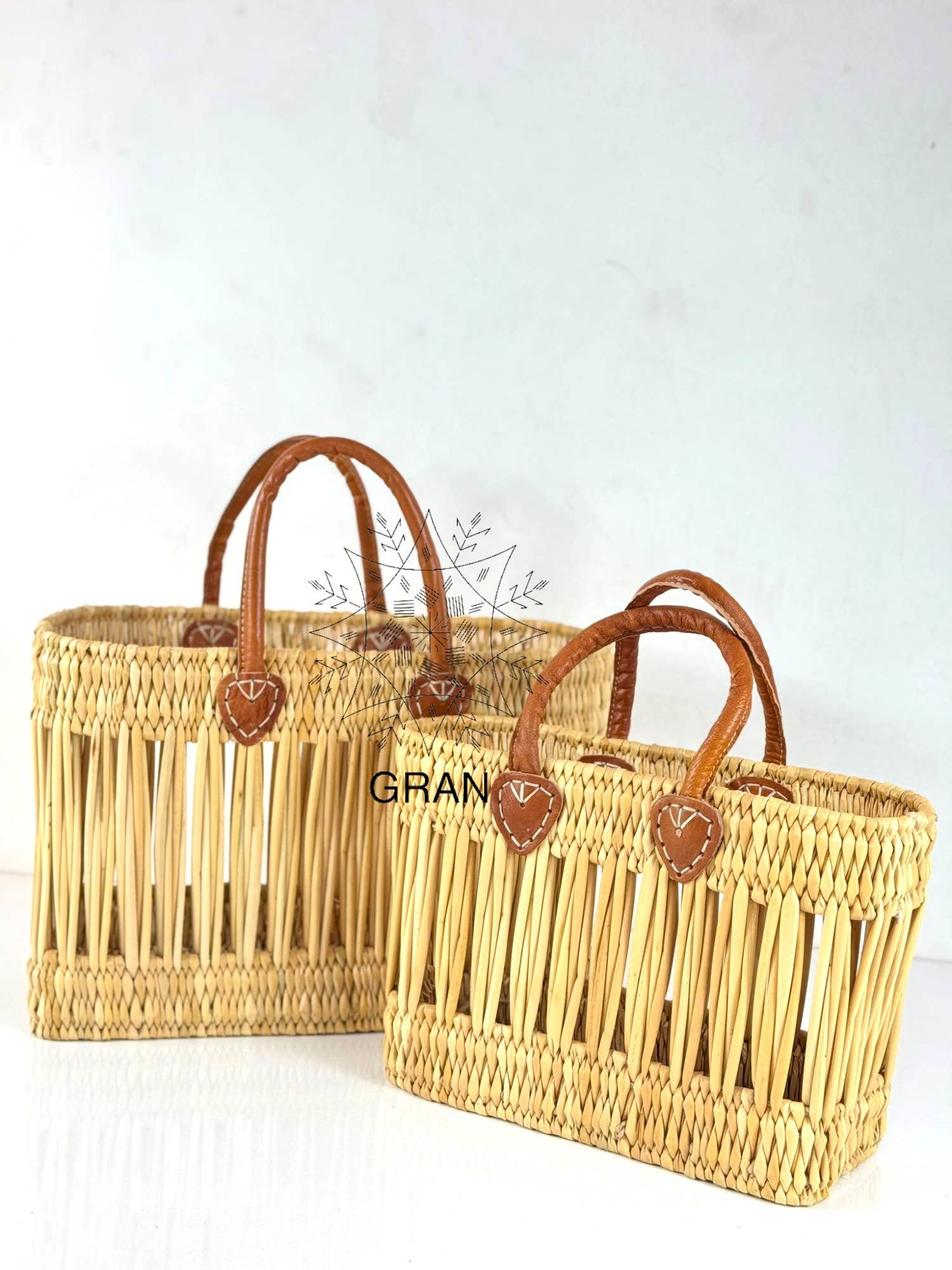 Handwoven Open Reed Basket with Leather Handles