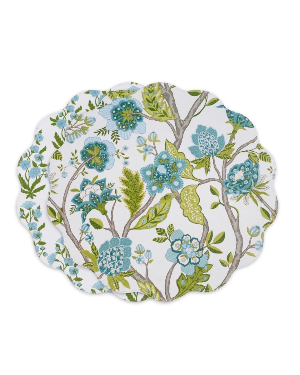 VIDA Blooms &amp; Branches Reversible  Round Placemats Set of 4 (Teal &amp; Green)