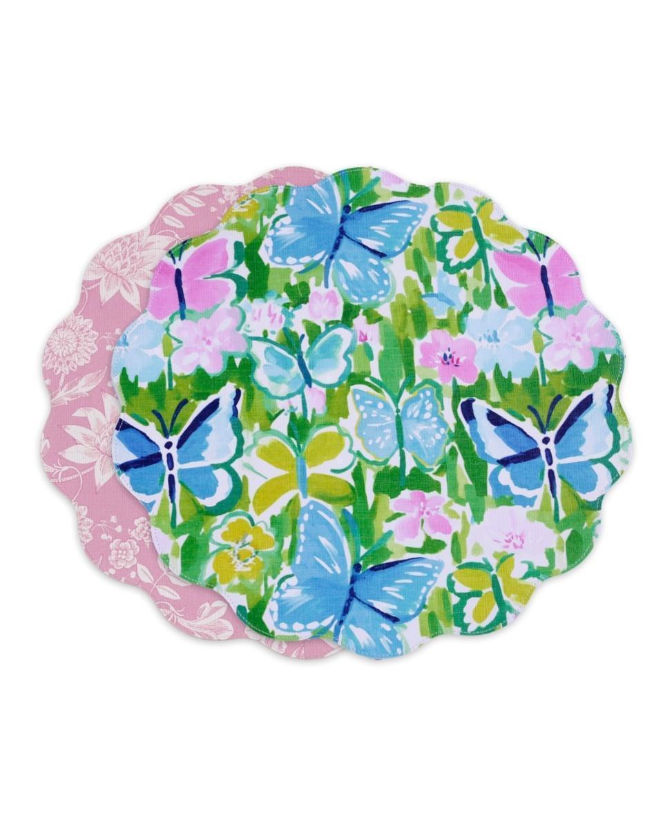 VIDA Butterfly Garden &amp; Flowers Reversible  Round Placemats Set of 4 (Pastel)