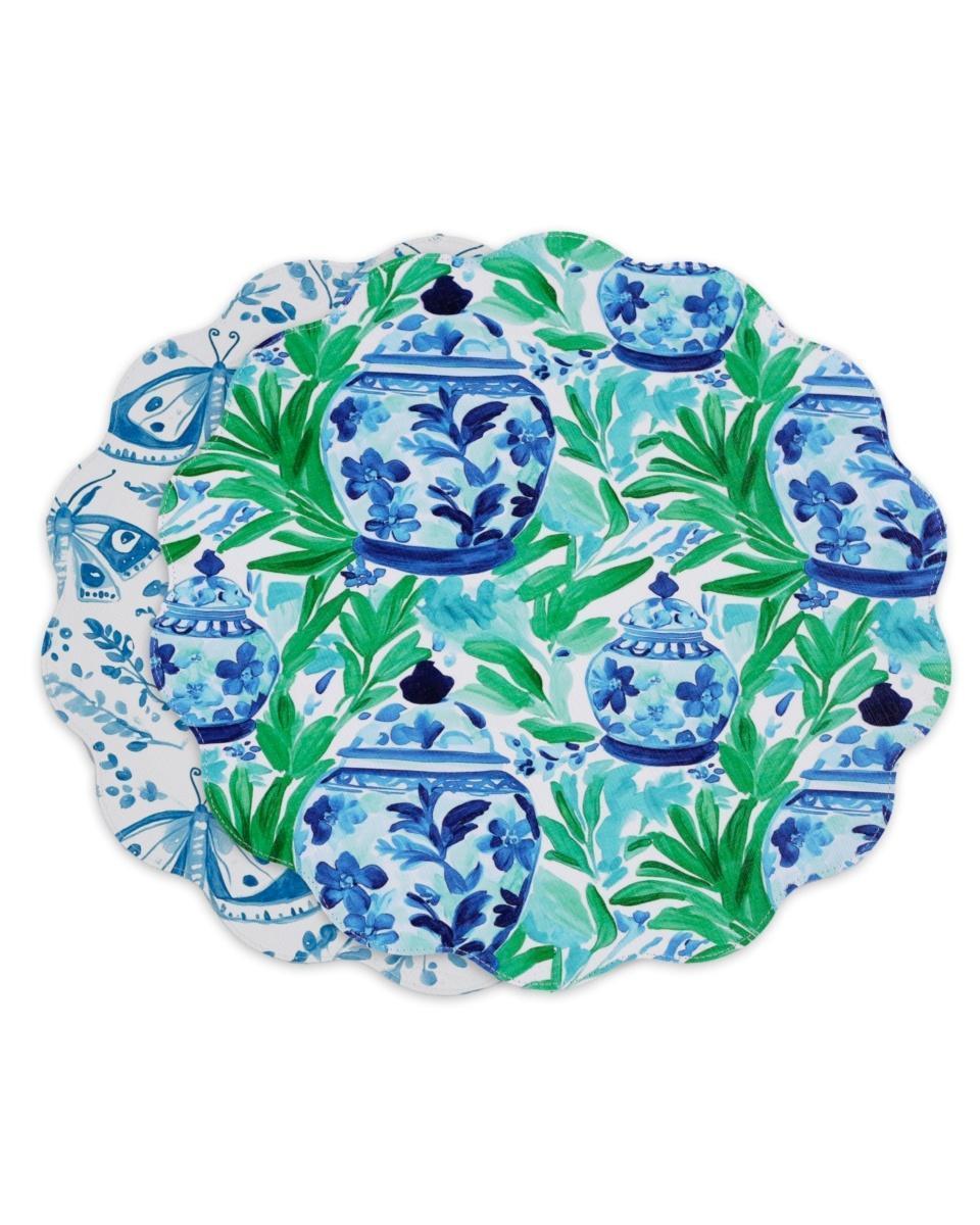 VIDA Ginger Jar &amp; Butterflies Reversible  Round Placemats Set of 4 (Blue &amp; Green)