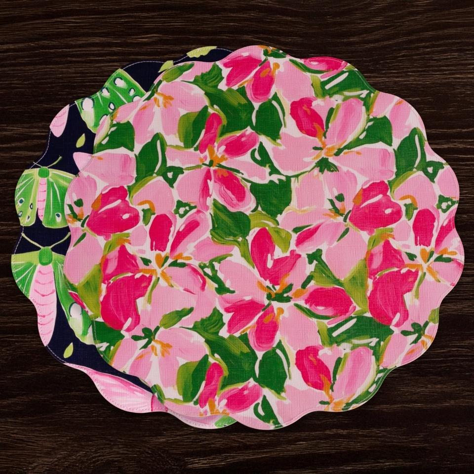 VIDA Butterflies &amp; Flowers Reversible  Round Placemats Set of 4 (Pink &amp; Green)