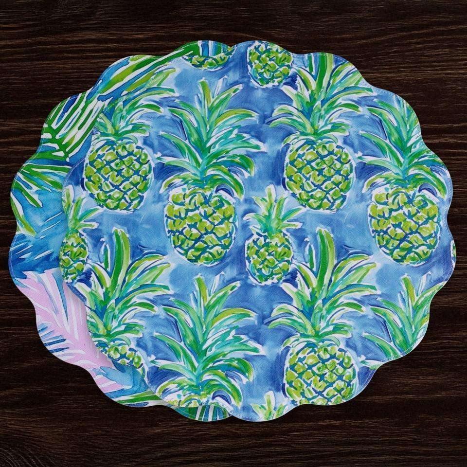 VIDA Pineapples &amp; Palms Reversible  Round Placemats Set of 4 (Blue &amp; Green)