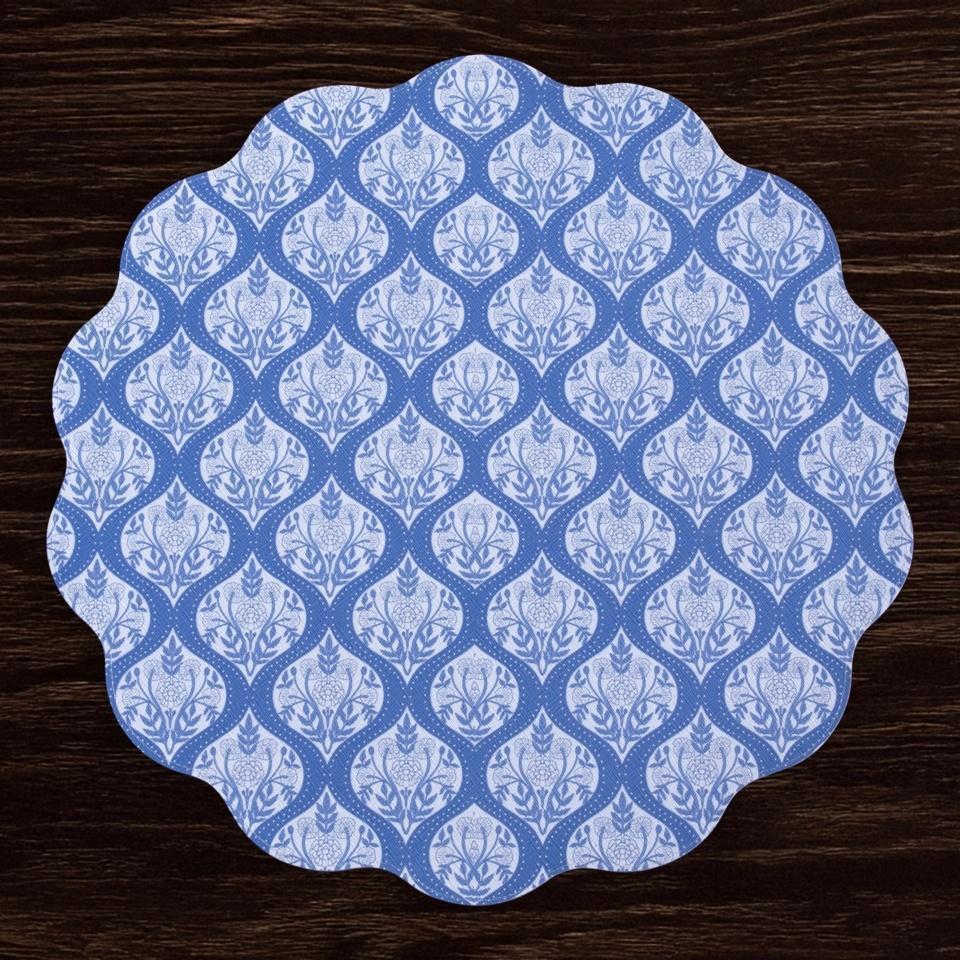Flowers & Pattern Reversible  Round Placemats Set of 4 (Blue & White)