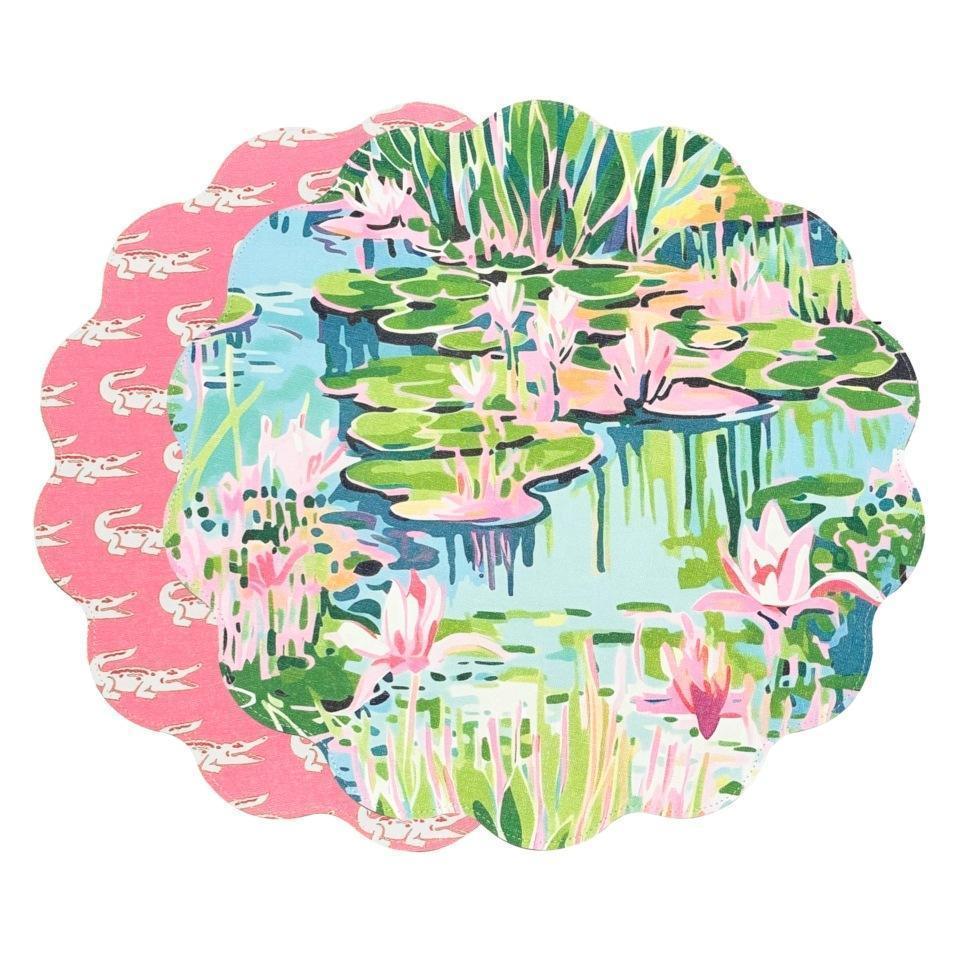VIDA Everglades and Crocs Reversible Round Placemats Set of 4 Pink & Green