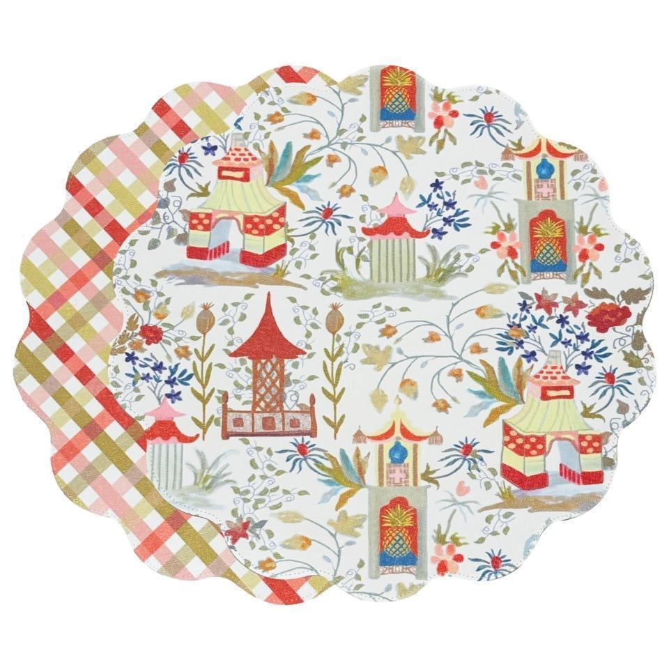 VIDA Pagoda and Carlie Plaid Reversible 15.5 Round Placemats Set of 4 Red & Orange