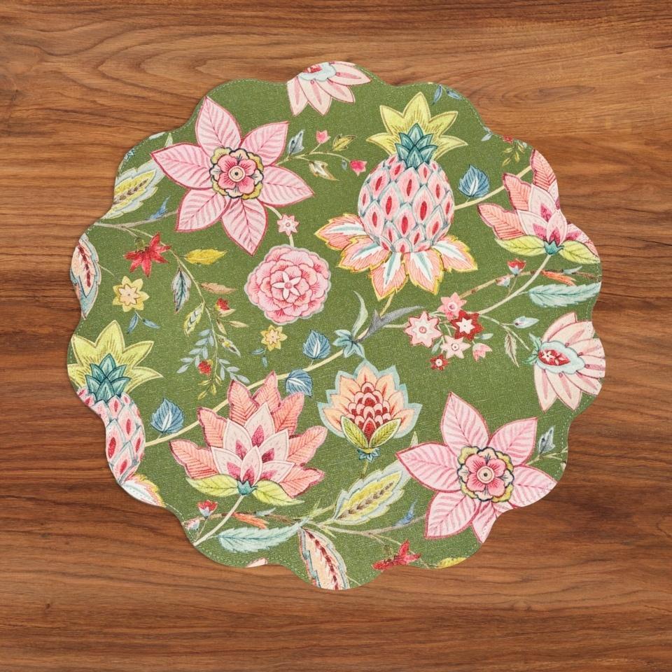 VIDA Tropical Floral and Preppy Plaid Reversible Round Placemats Set of 4 Pink & Green