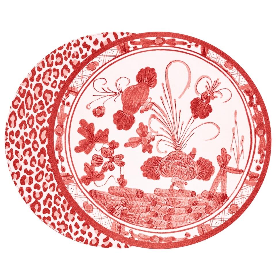 VIDA Faenza and Leopard Reversible Round Placemats Set of 4 (White &amp; Red)