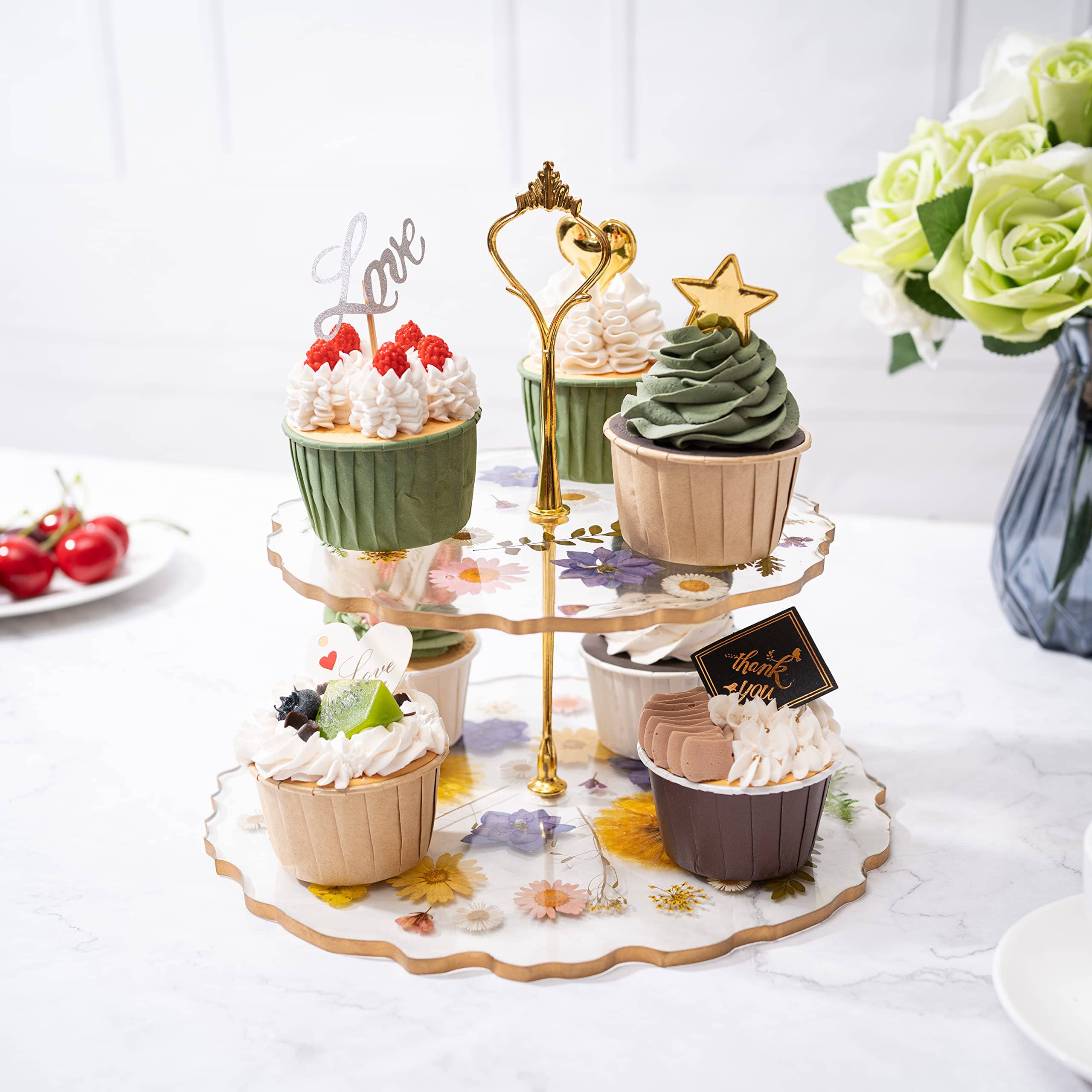 Floral Cupcake & Cake Dessert Stand, Resin Flower Tower