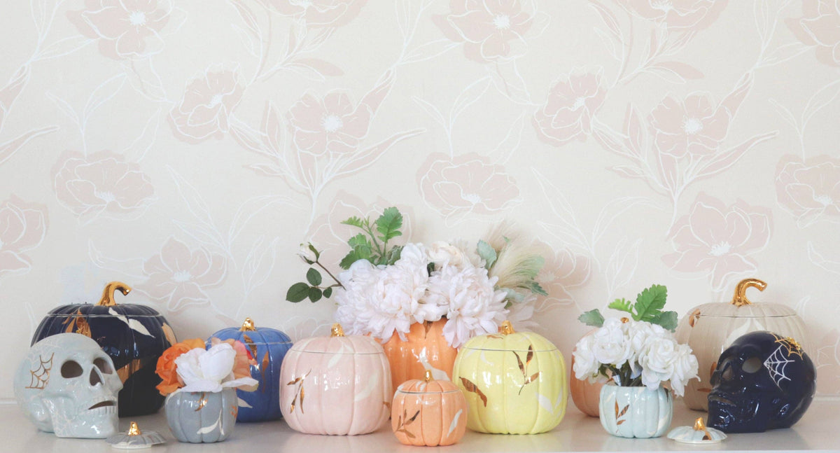 Layered Leaves Pumpkin Jars with 22K Gold Accents in Beige