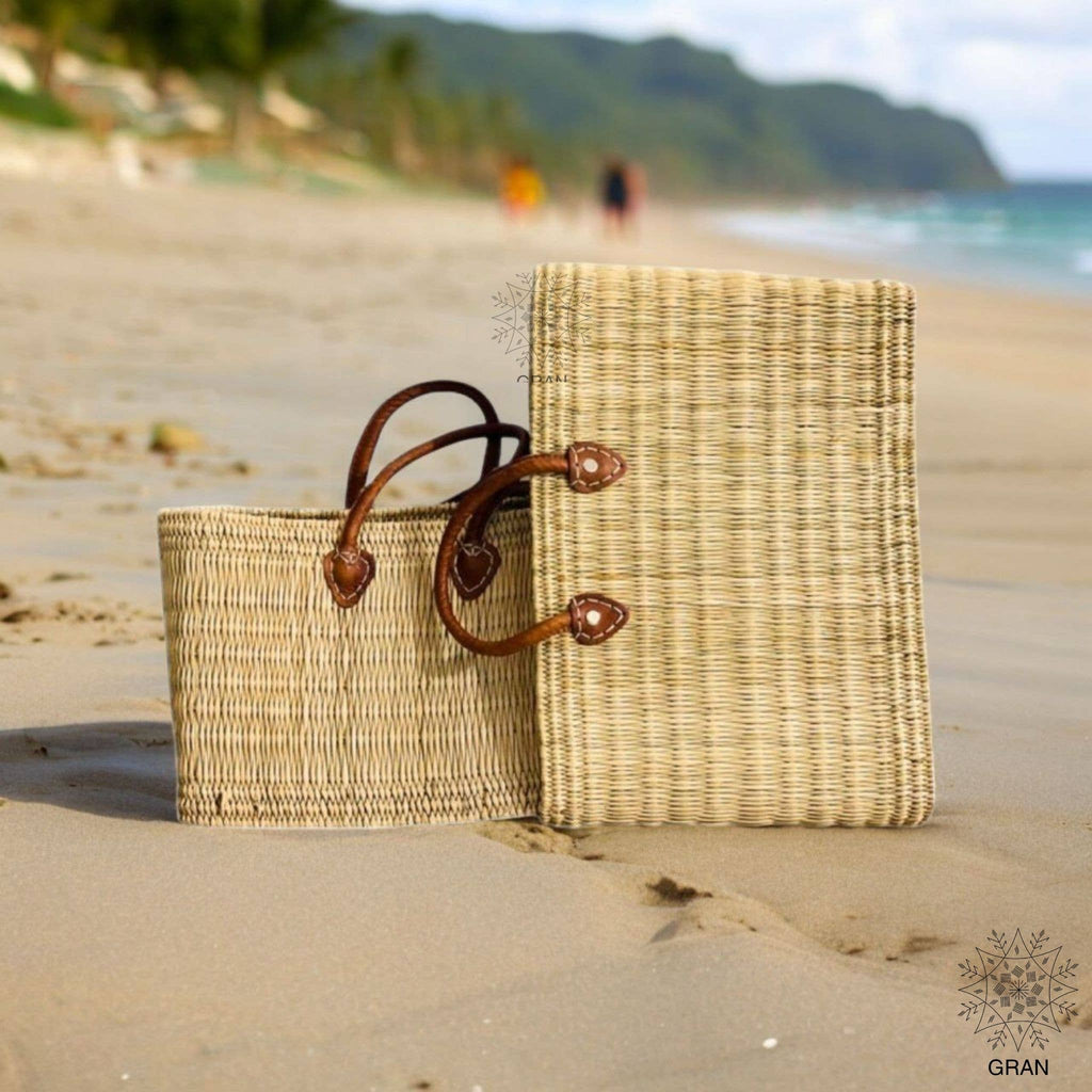 Market Reed Storage, Leather Baskets Shopping Bag.