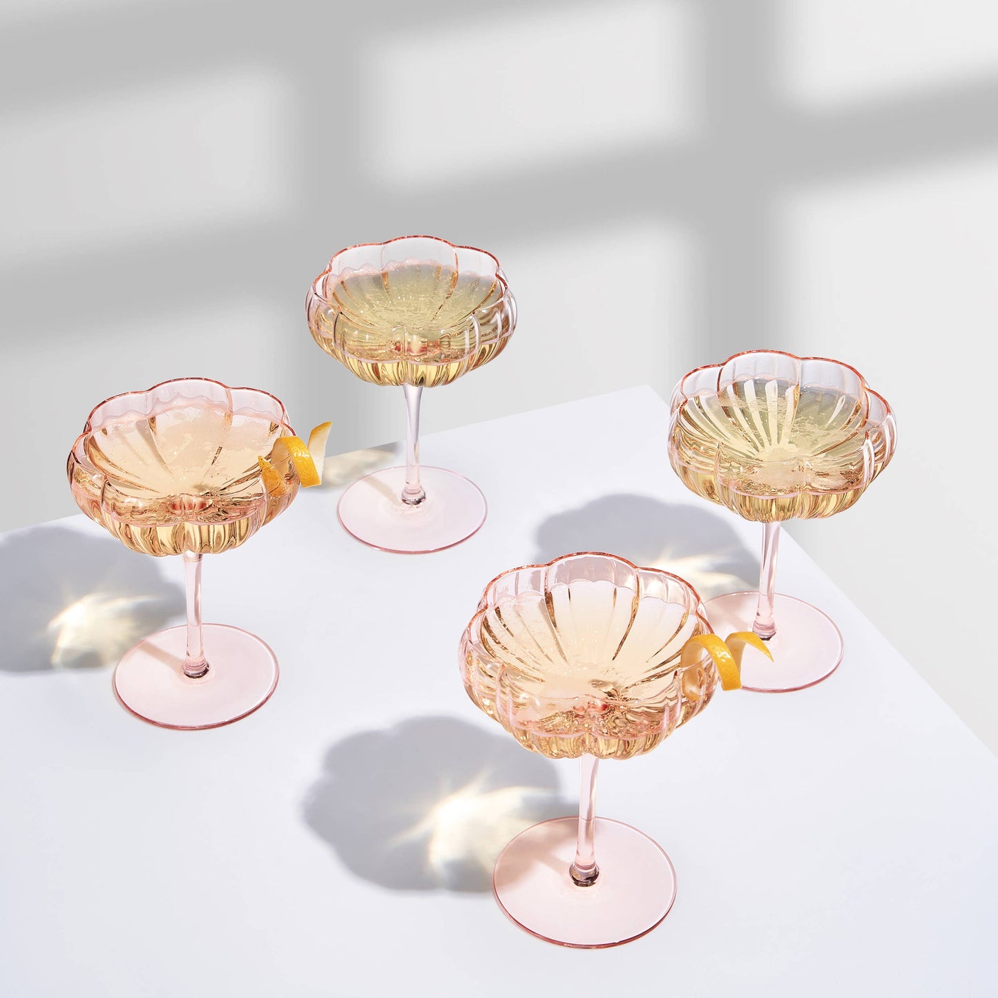 Pink Flower Coupe Cocktail Colored Glasses | 4 Set, 7.7 OZ
