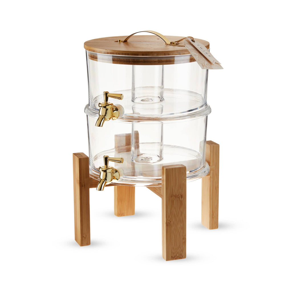 Acacia and Glass Double Drink Dispenser w Collapsable Stand
