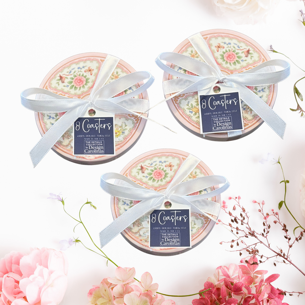 Antique Rose Medallion Pink & Gold Floral Coaster Set
