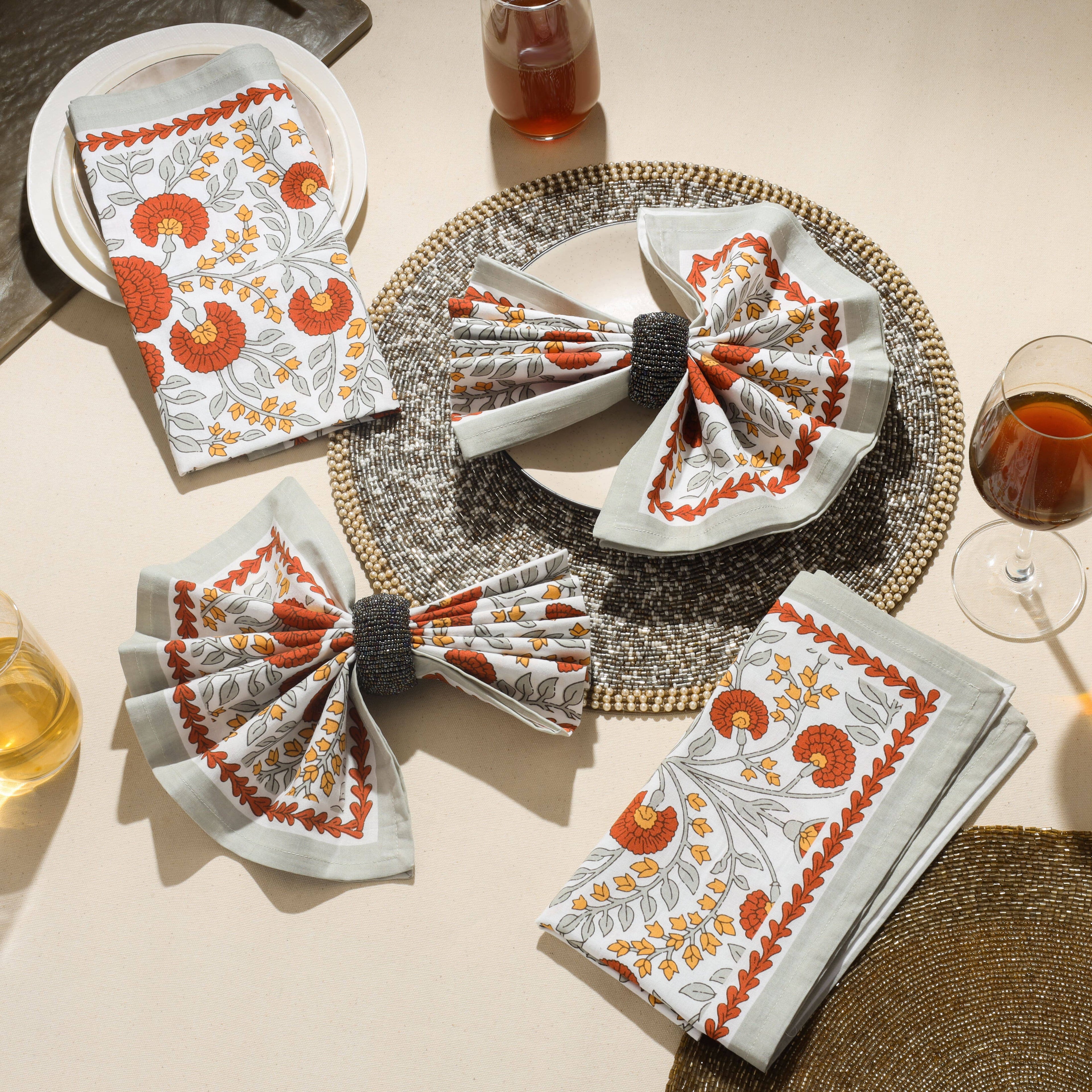 Scarlet & Slate Floral Block Print Cotton Napkins
