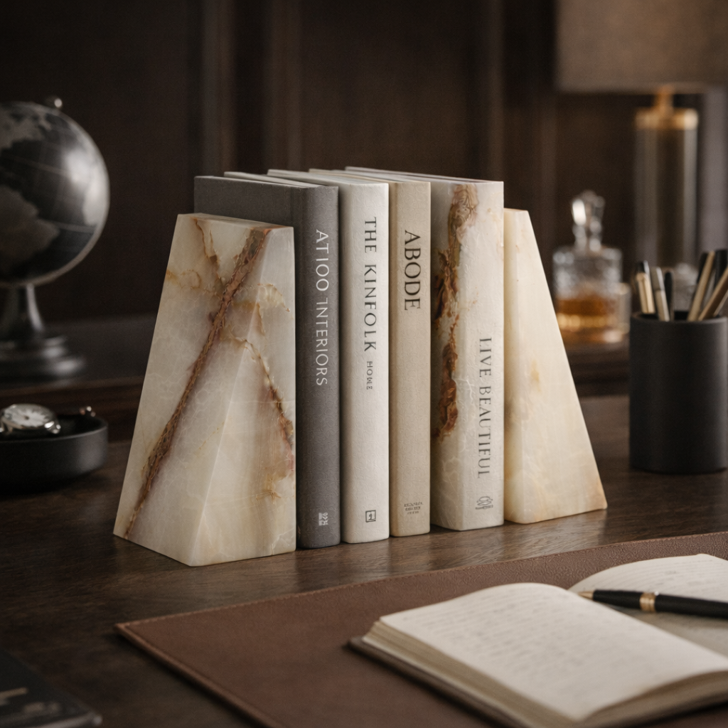 Onyx Marble Wedge Bookend Solid Stone Pair Decor