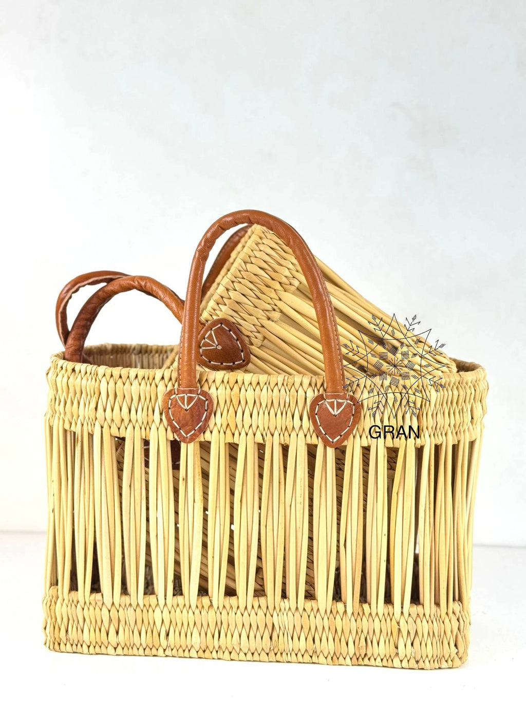 Handwoven Open Reed Basket with Leather Handles