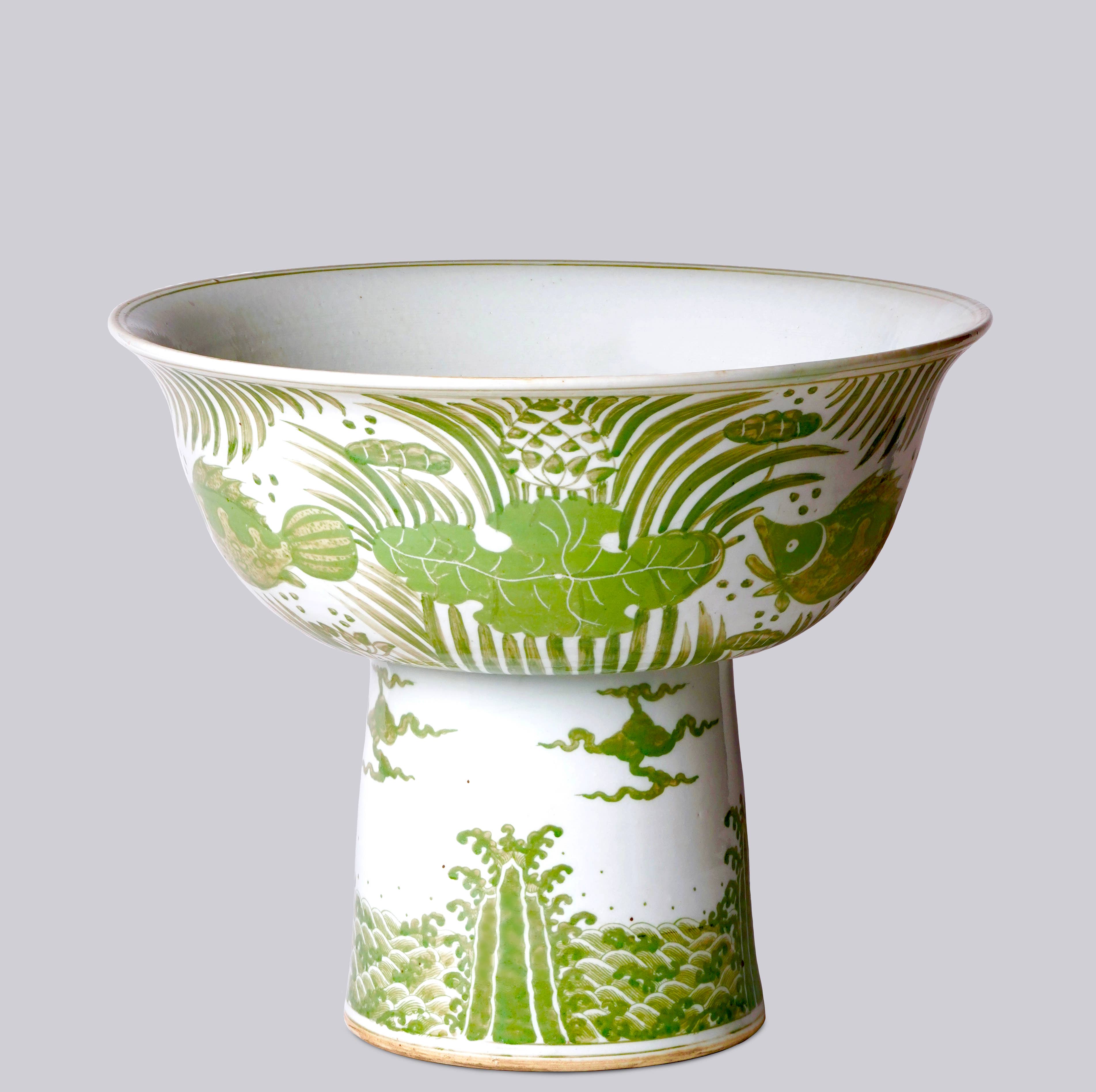 Green and White Porcelain Fish and Lotus Large Footed Bowl