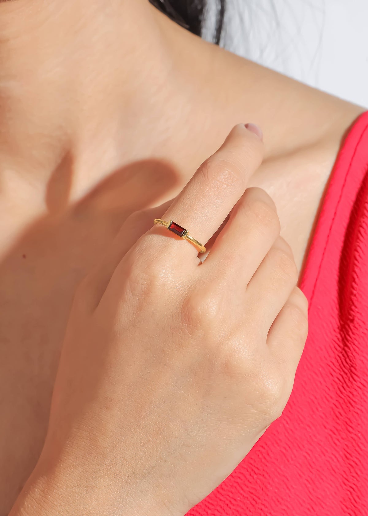 Gold Plated Baguette-Cut Garnet Stack Band Minimalist Ring