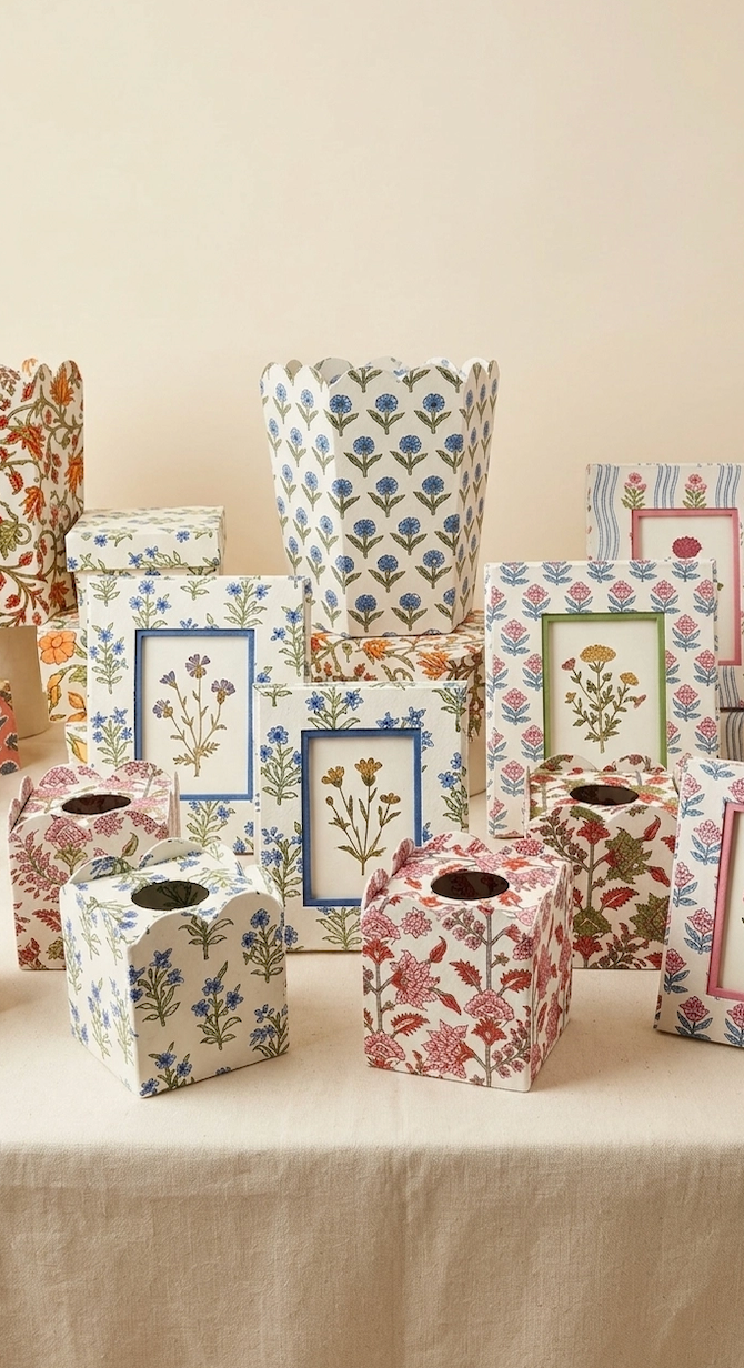 Blue & White Handprinted Tissue Box - Sanganer Blooms