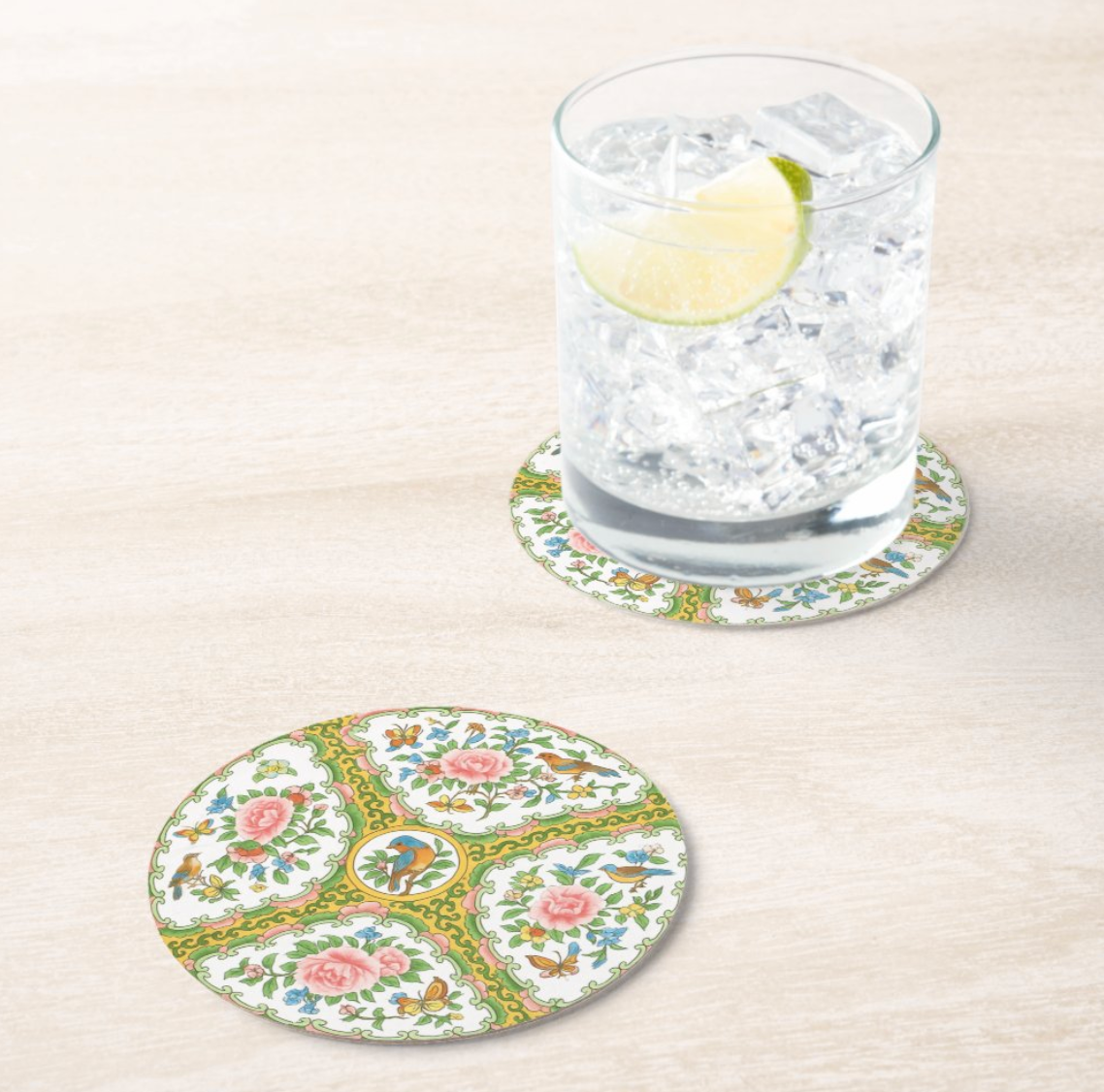 Antique Rose Yellow & Pink Birds & Floral Coaster Set