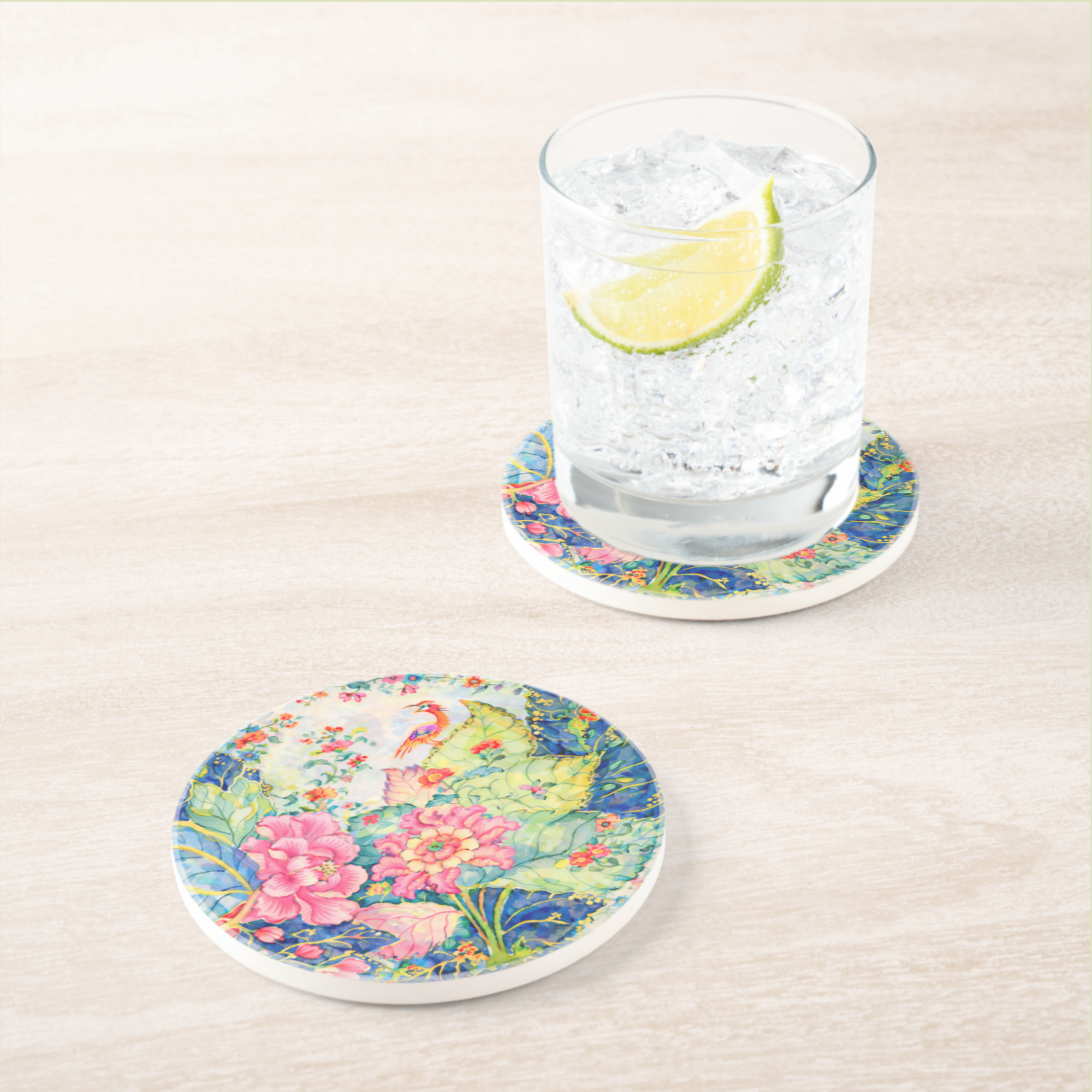 Tobacco Leaf China Inspired Sandstone Coasters | Set of 2