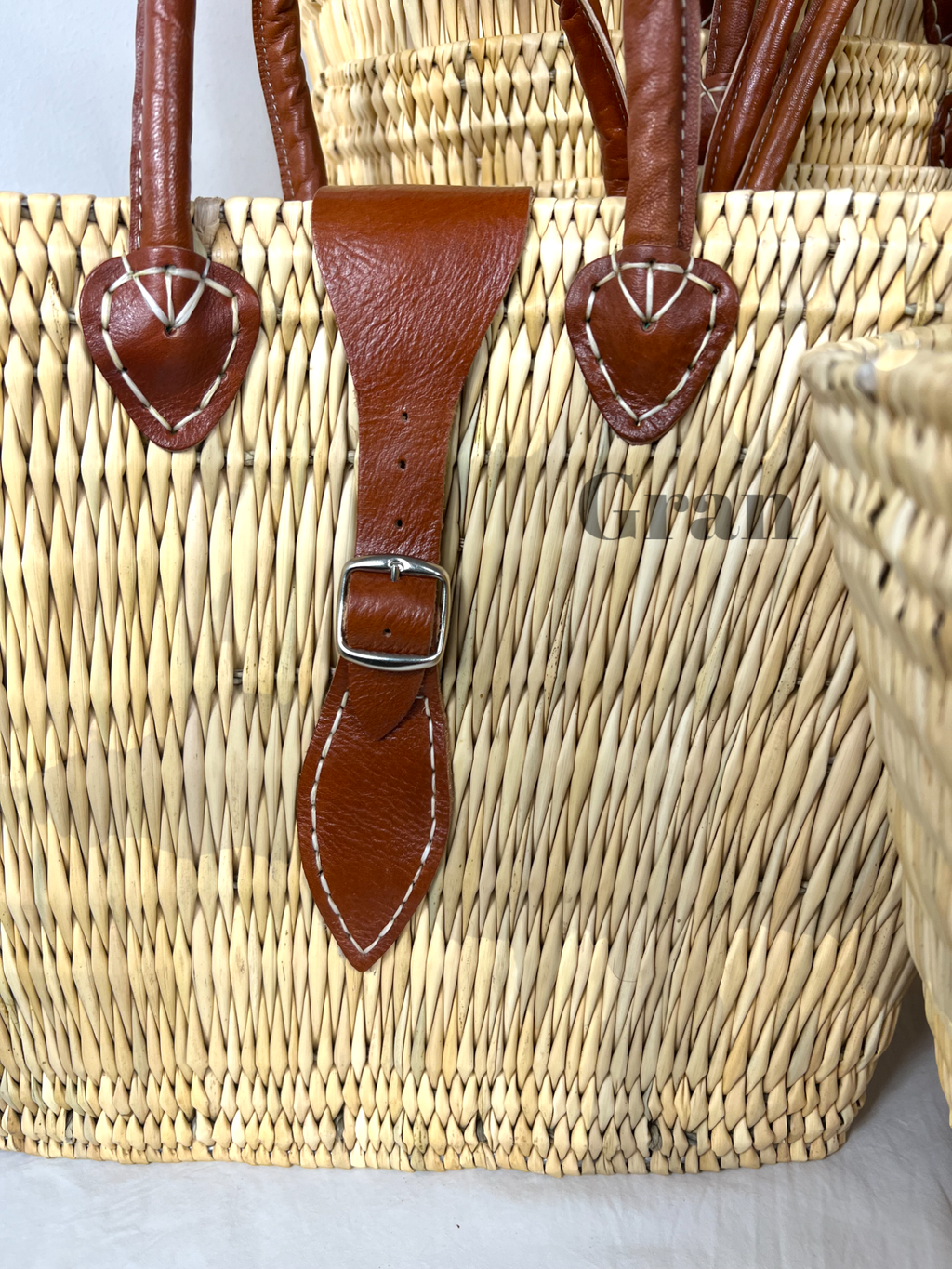 Natural Reed Baskets with leather, Set of 3