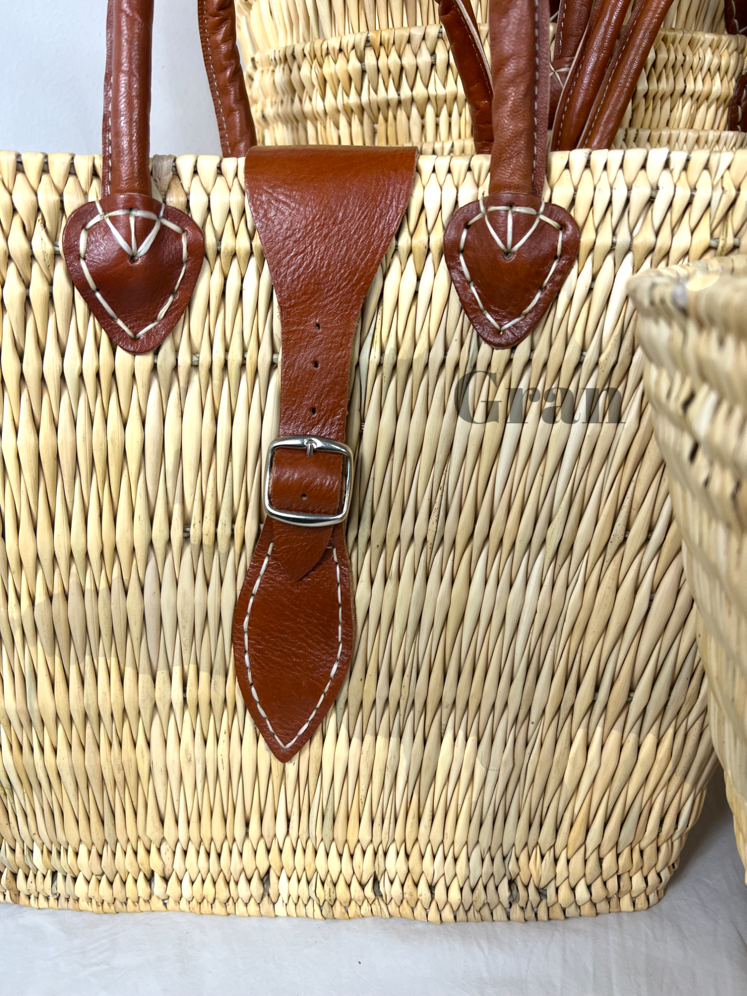 Natural Reed Baskets with leather, Set of 3