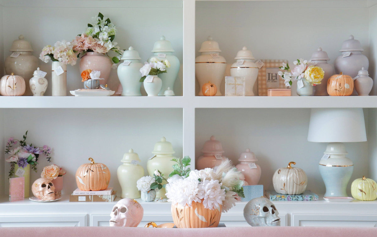 Layered Leaves Pumpkin Jars with 22K Gold Accents in Beige