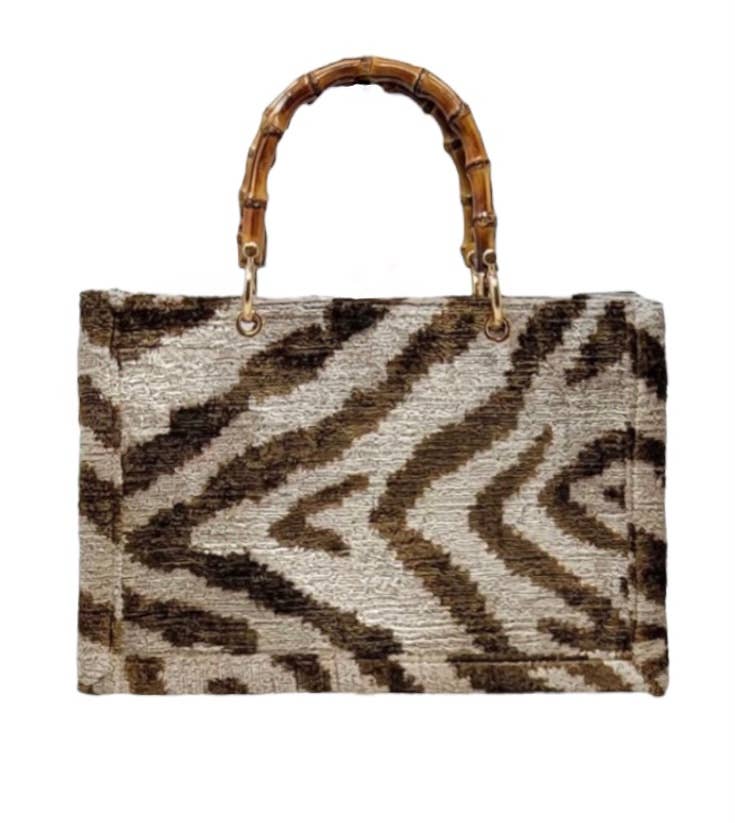 Silk Velvet Ikat Small Tote Bag with Bamboo Handle