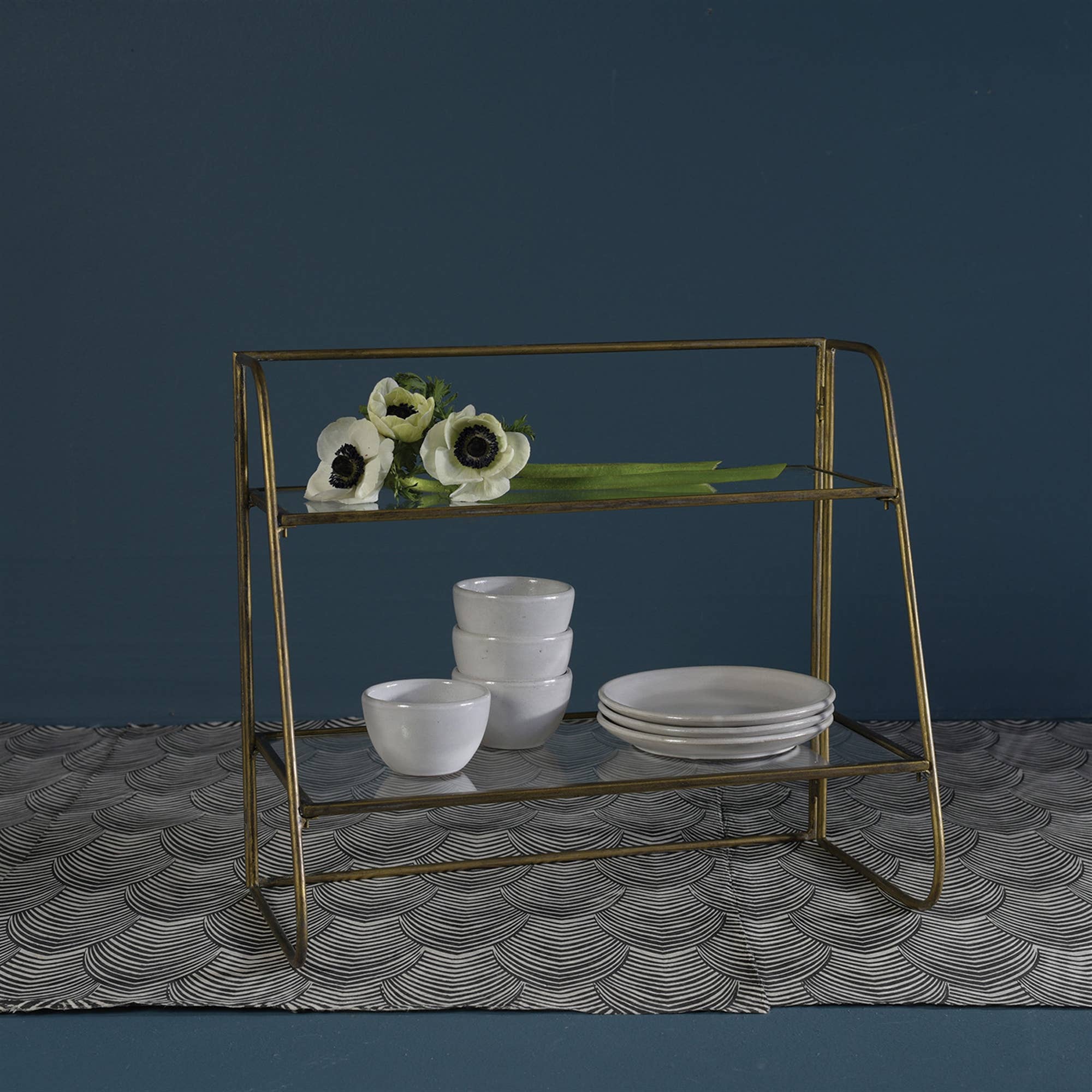 Lena Two-Tier Stand with Glass Shelves, Brass - Brass