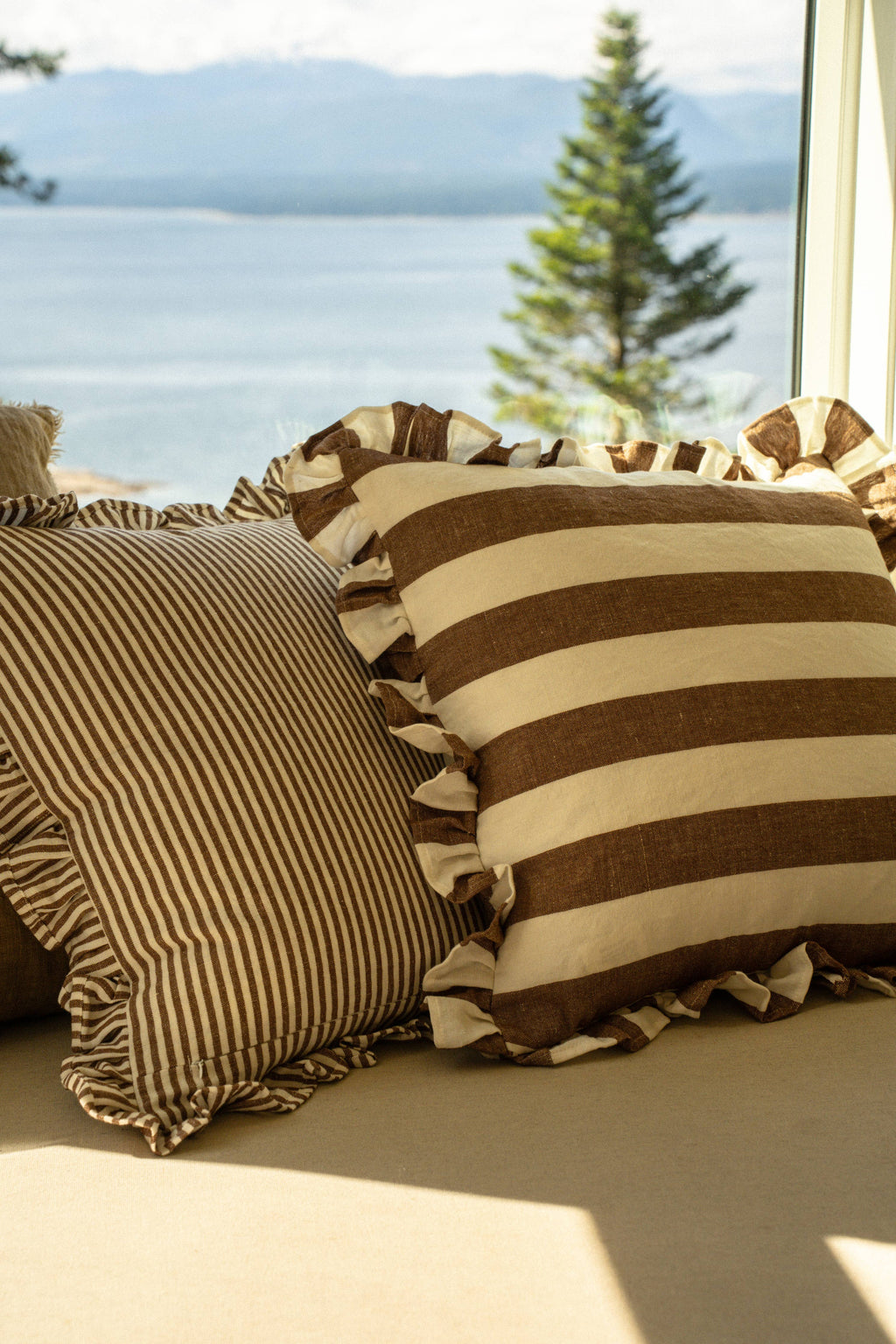 20x20 Ruffle Thin Stripe Pillow, Fawn