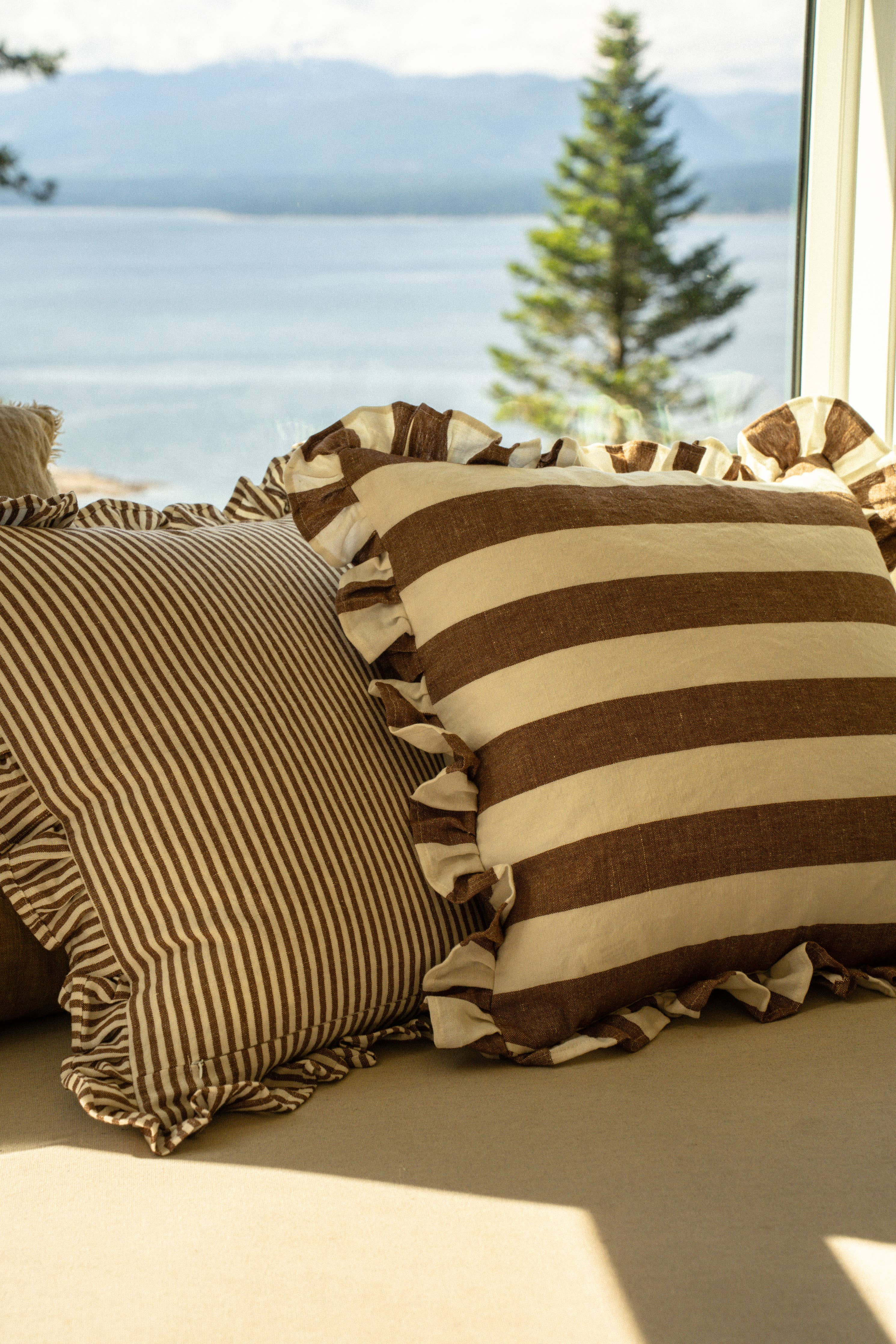 20x20 Ruffle Thin Stripe Pillow, Fawn