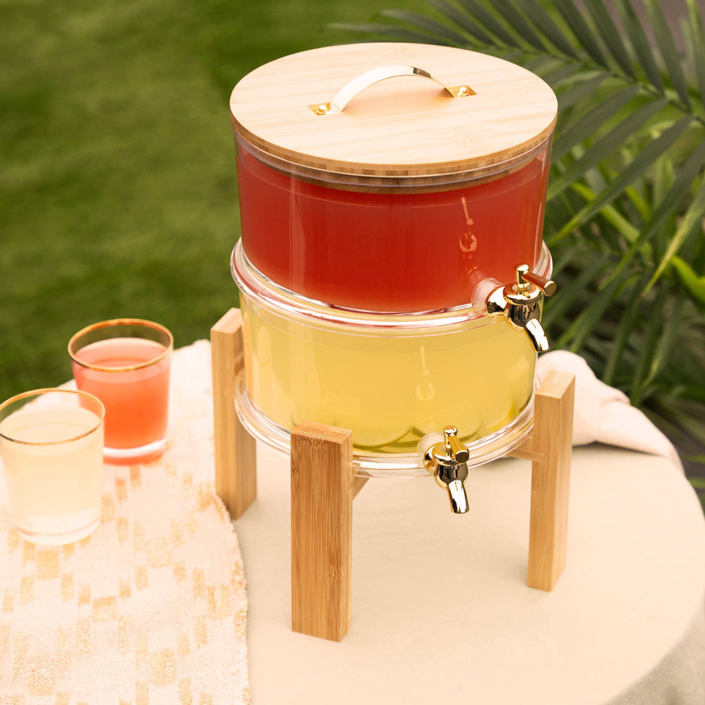 Acacia and Glass Double Drink Dispenser w Collapsable Stand