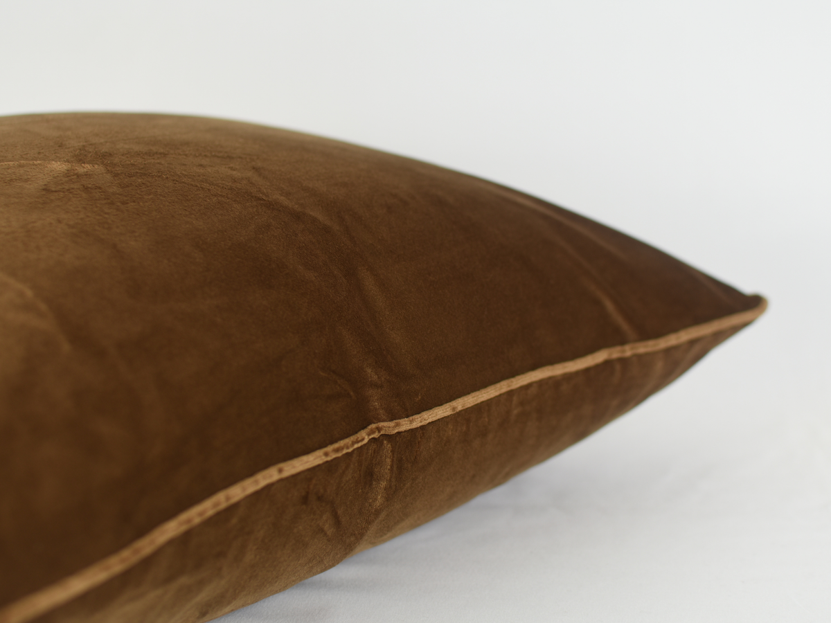 Sidra Brown Pillow - Solid Brown Velvet Pillow with Piping